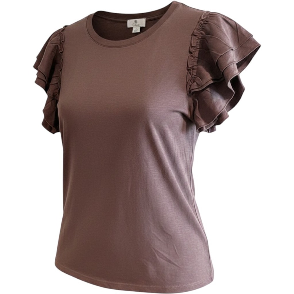 CeCe Womens Ruffle Tiered Short Sleeve Knit Top Brown Crew Neck Large
